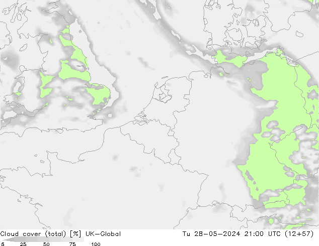 Cloud cover (total) UK-Global Út 28.05.2024 21 UTC