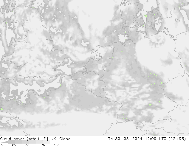 Cloud cover (total) UK-Global Čt 30.05.2024 12 UTC