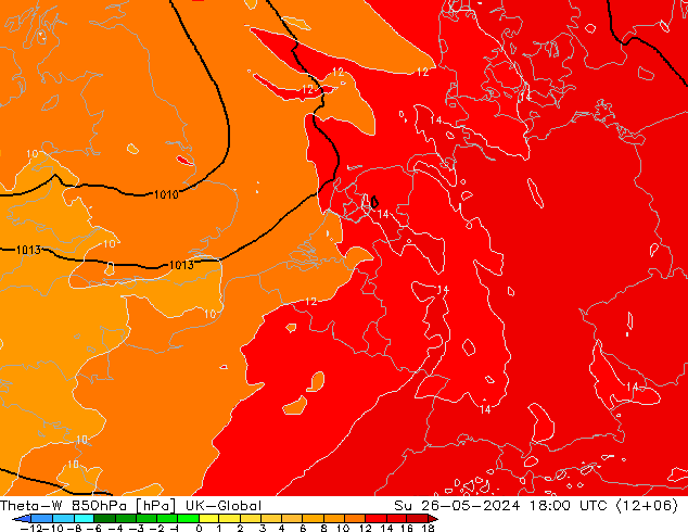 Theta-W 850hPa UK-Global Dom 26.05.2024 18 UTC