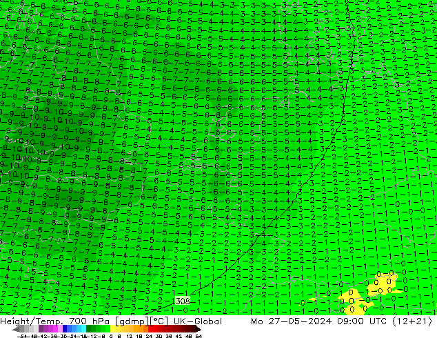 Height/Temp. 700 hPa UK-Global Mo 27.05.2024 09 UTC