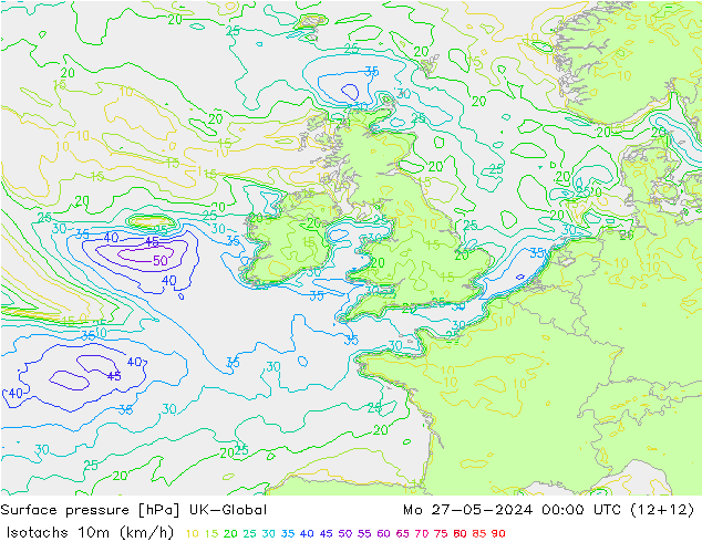 Isotachs (kph) UK-Global Mo 27.05.2024 00 UTC