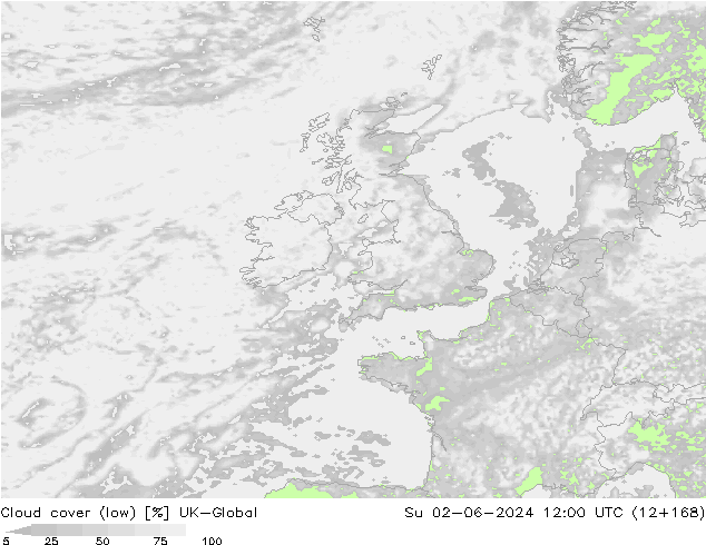 Cloud cover (low) UK-Global Su 02.06.2024 12 UTC