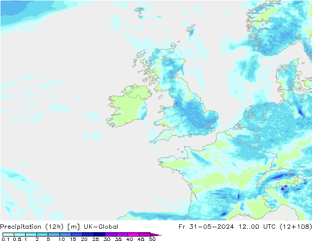 Precipitation (12h) UK-Global Fr 31.05.2024 00 UTC