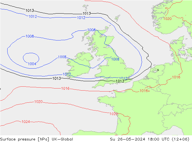 Pressione al suolo UK-Global dom 26.05.2024 18 UTC