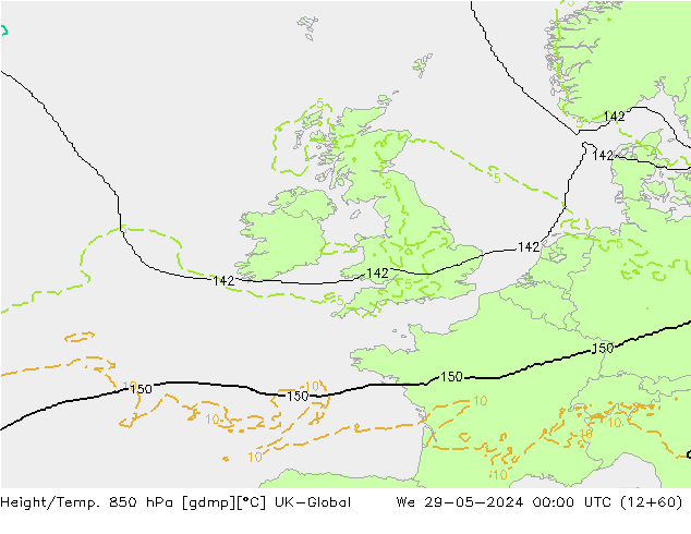 Geop./Temp. 850 hPa UK-Global mié 29.05.2024 00 UTC
