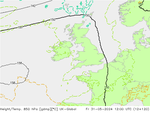 Hoogte/Temp. 850 hPa UK-Global vr 31.05.2024 12 UTC
