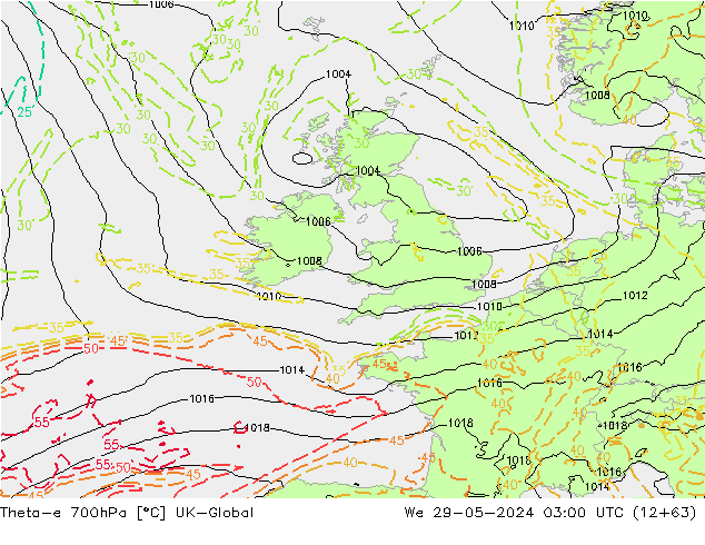 Theta-e 700hPa UK-Global We 29.05.2024 03 UTC