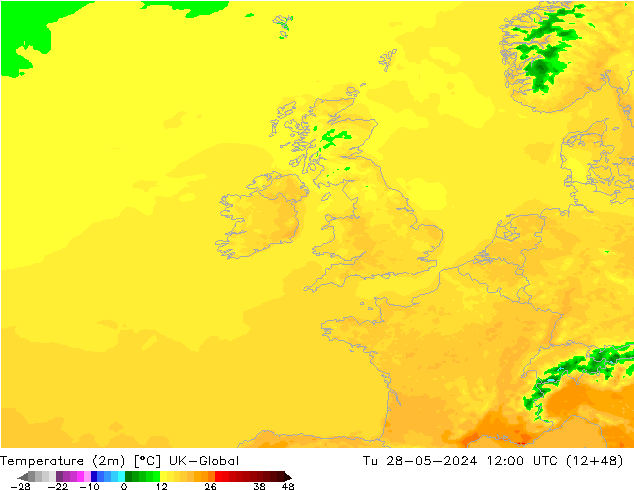 Temperature (2m) UK-Global Tu 28.05.2024 12 UTC