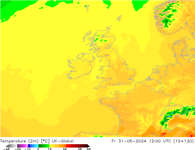 Temperatura (2m) UK-Global ven 31.05.2024 12 UTC