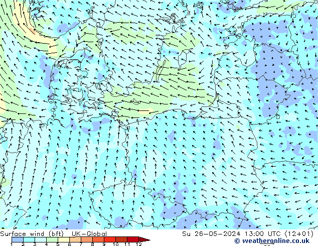 Surface wind (bft) UK-Global Su 26.05.2024 13 UTC