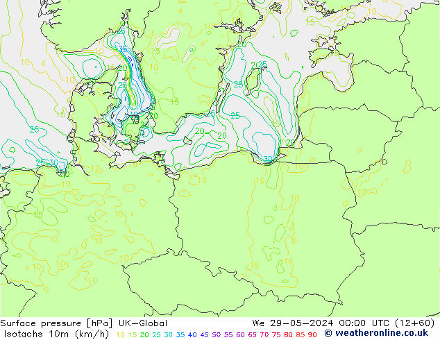 Isotachs (kph) UK-Global mer 29.05.2024 00 UTC