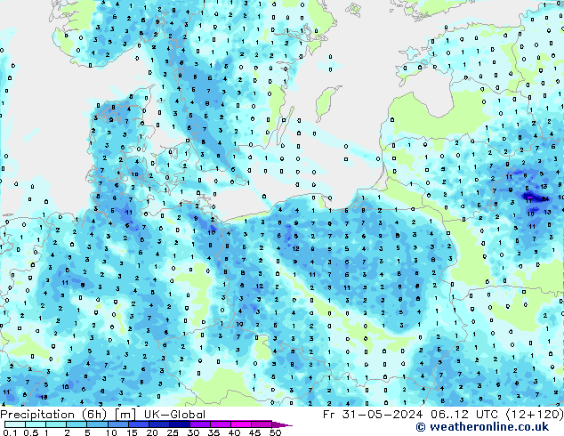 Precipitation (6h) UK-Global Fr 31.05.2024 12 UTC