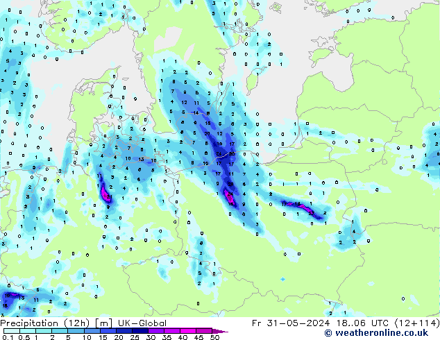 Precipitación (12h) UK-Global vie 31.05.2024 06 UTC