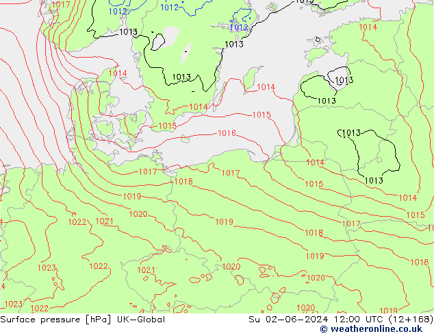 Surface pressure UK-Global Su 02.06.2024 12 UTC