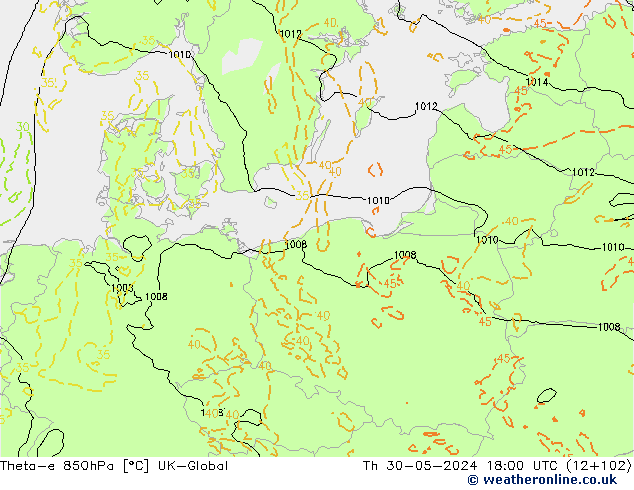 Theta-e 850hPa UK-Global Th 30.05.2024 18 UTC