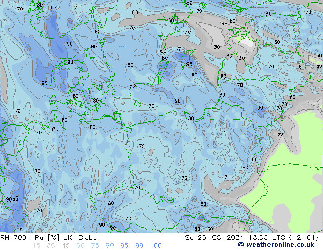 RH 700 hPa UK-Global dom 26.05.2024 13 UTC