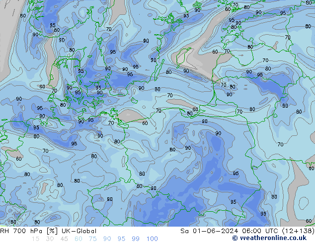 Humidité rel. 700 hPa UK-Global sam 01.06.2024 06 UTC