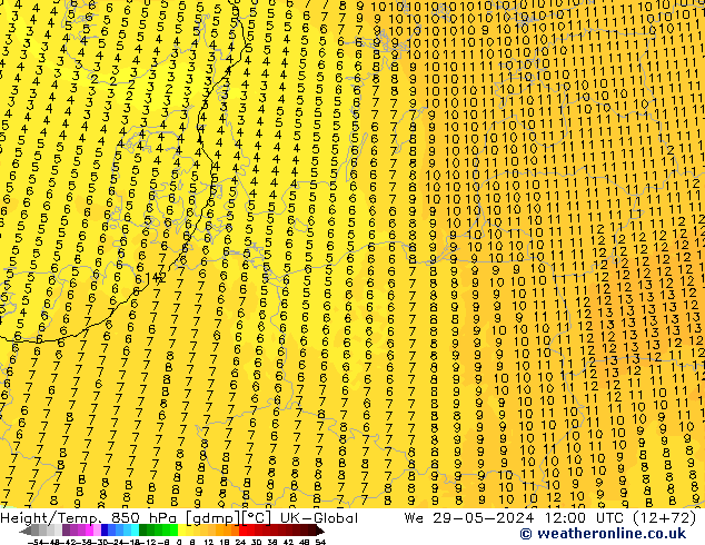 Height/Temp. 850 hPa UK-Global We 29.05.2024 12 UTC