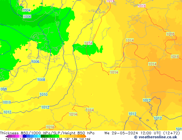 Schichtdicke 850-1000 hPa UK-Global Mi 29.05.2024 12 UTC