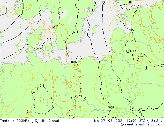 Theta-e 700hPa UK-Global Mo 27.05.2024 12 UTC