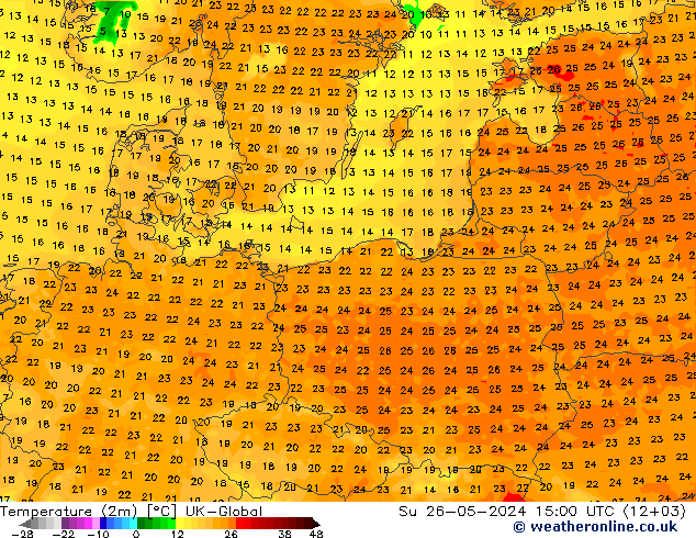 Temperature (2m) UK-Global Su 26.05.2024 15 UTC