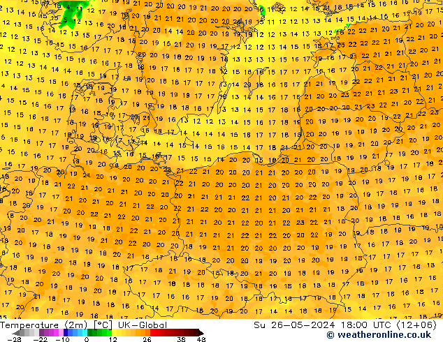 Temperatura (2m) UK-Global dom 26.05.2024 18 UTC