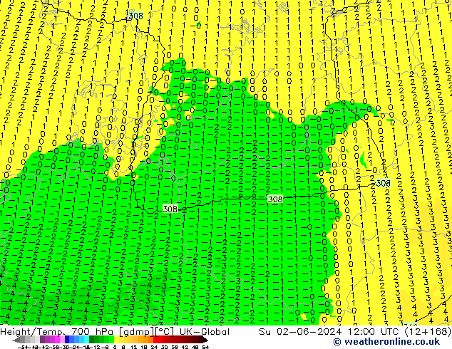 Height/Temp. 700 hPa UK-Global Dom 02.06.2024 12 UTC