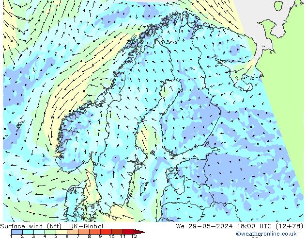 Surface wind (bft) UK-Global St 29.05.2024 18 UTC