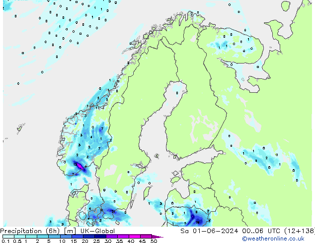 Precipitation (6h) UK-Global So 01.06.2024 06 UTC