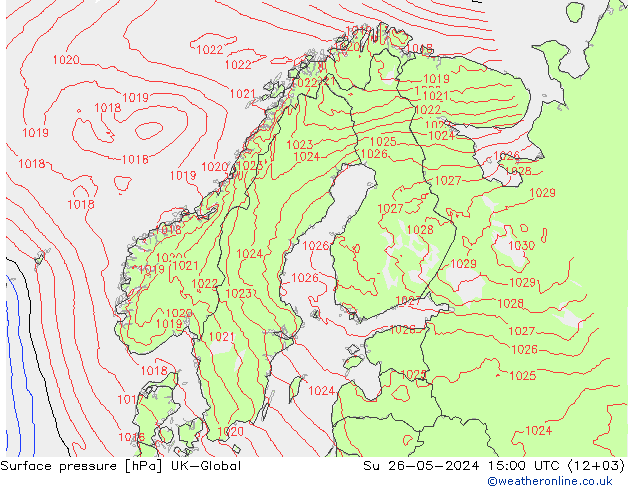 Surface pressure UK-Global Su 26.05.2024 15 UTC