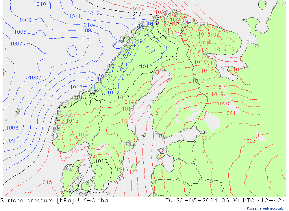 Surface pressure UK-Global Tu 28.05.2024 06 UTC