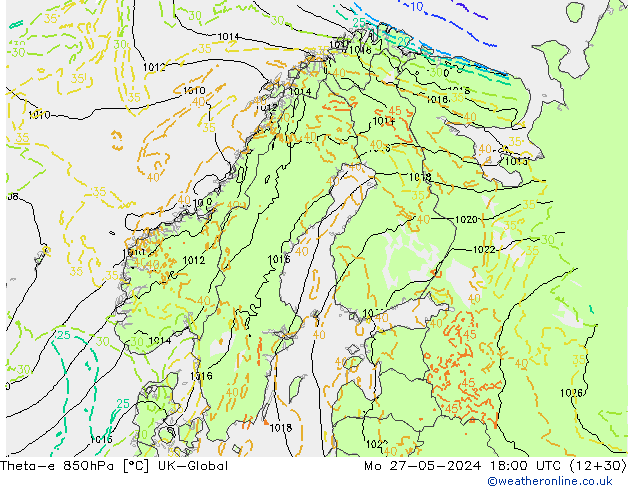 Theta-e 850hPa UK-Global Mo 27.05.2024 18 UTC