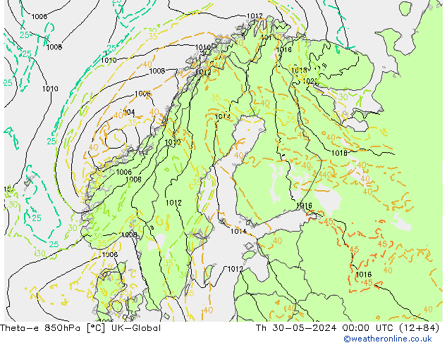 Theta-e 850hPa UK-Global jue 30.05.2024 00 UTC