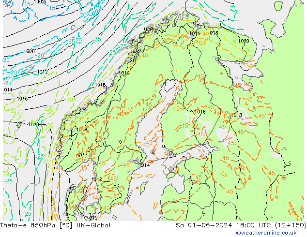 Theta-e 850hPa UK-Global so. 01.06.2024 18 UTC