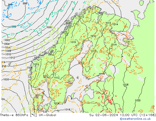 Theta-e 850hPa UK-Global Dom 02.06.2024 12 UTC