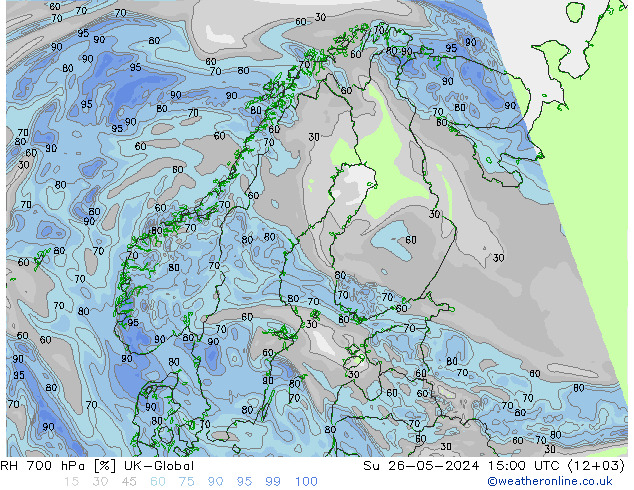 RH 700 hPa UK-Global Su 26.05.2024 15 UTC