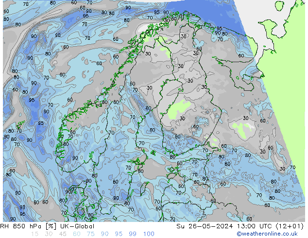 RH 850 hPa UK-Global Dom 26.05.2024 13 UTC