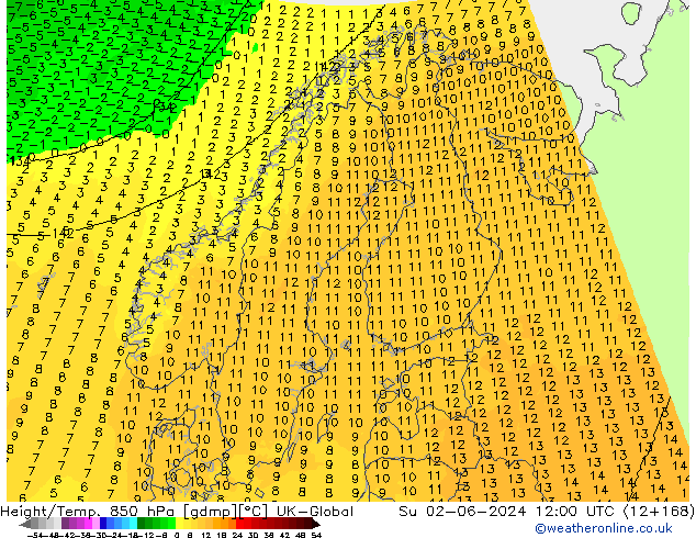 Hoogte/Temp. 850 hPa UK-Global zo 02.06.2024 12 UTC