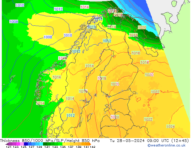 Thck 850-1000 hPa UK-Global  28.05.2024 09 UTC