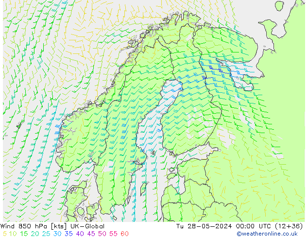 wiatr 850 hPa UK-Global wto. 28.05.2024 00 UTC