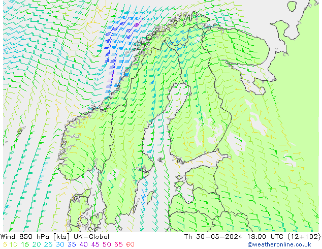 Vent 850 hPa UK-Global jeu 30.05.2024 18 UTC