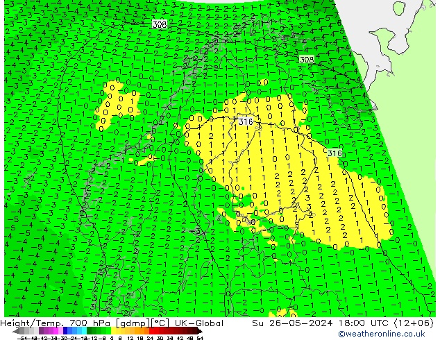 Height/Temp. 700 hPa UK-Global Su 26.05.2024 18 UTC