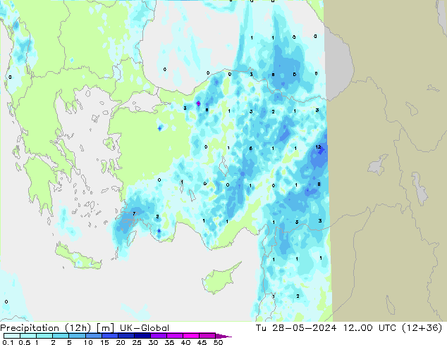 Precipitation (12h) UK-Global Út 28.05.2024 00 UTC