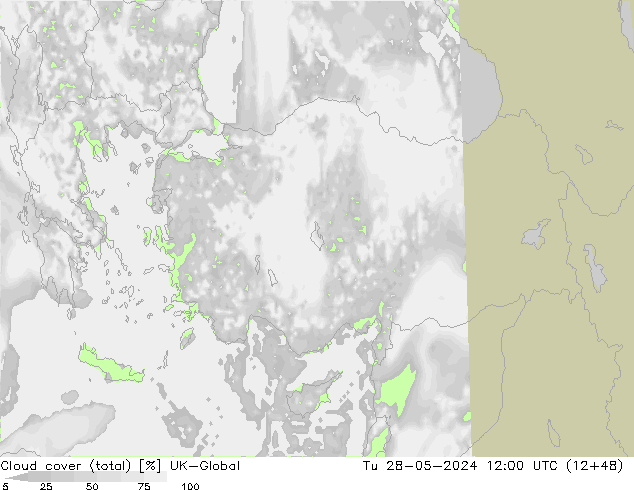 Cloud cover (total) UK-Global Tu 28.05.2024 12 UTC