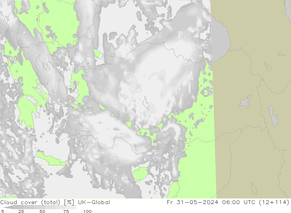 Cloud cover (total) UK-Global Fr 31.05.2024 06 UTC