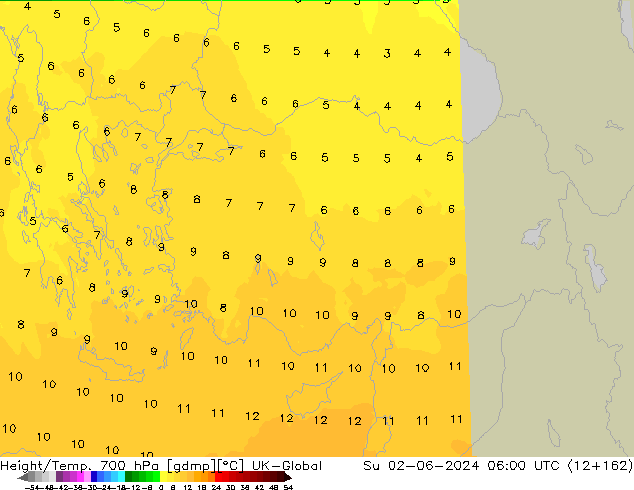 Geop./Temp. 700 hPa UK-Global dom 02.06.2024 06 UTC