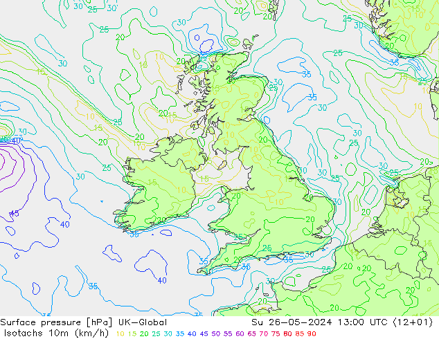 Isotaca (kph) UK-Global dom 26.05.2024 13 UTC