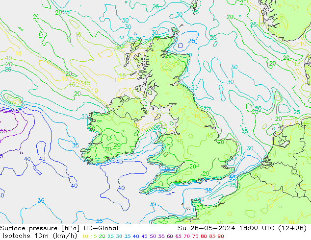 Isotachen (km/h) UK-Global zo 26.05.2024 18 UTC