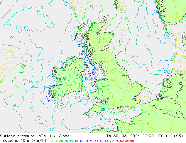 Isotachs (kph) UK-Global Th 30.05.2024 12 UTC