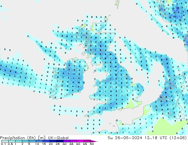 Precipitación (6h) UK-Global dom 26.05.2024 18 UTC